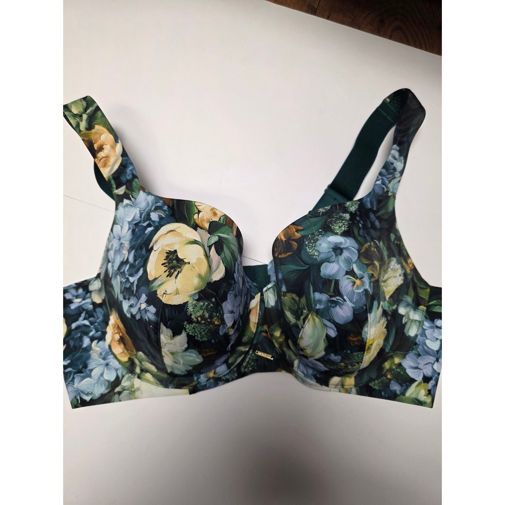 Cacique 40D Lightly Lined Balconette Bra Dark Floral Green Underwire Adjustable